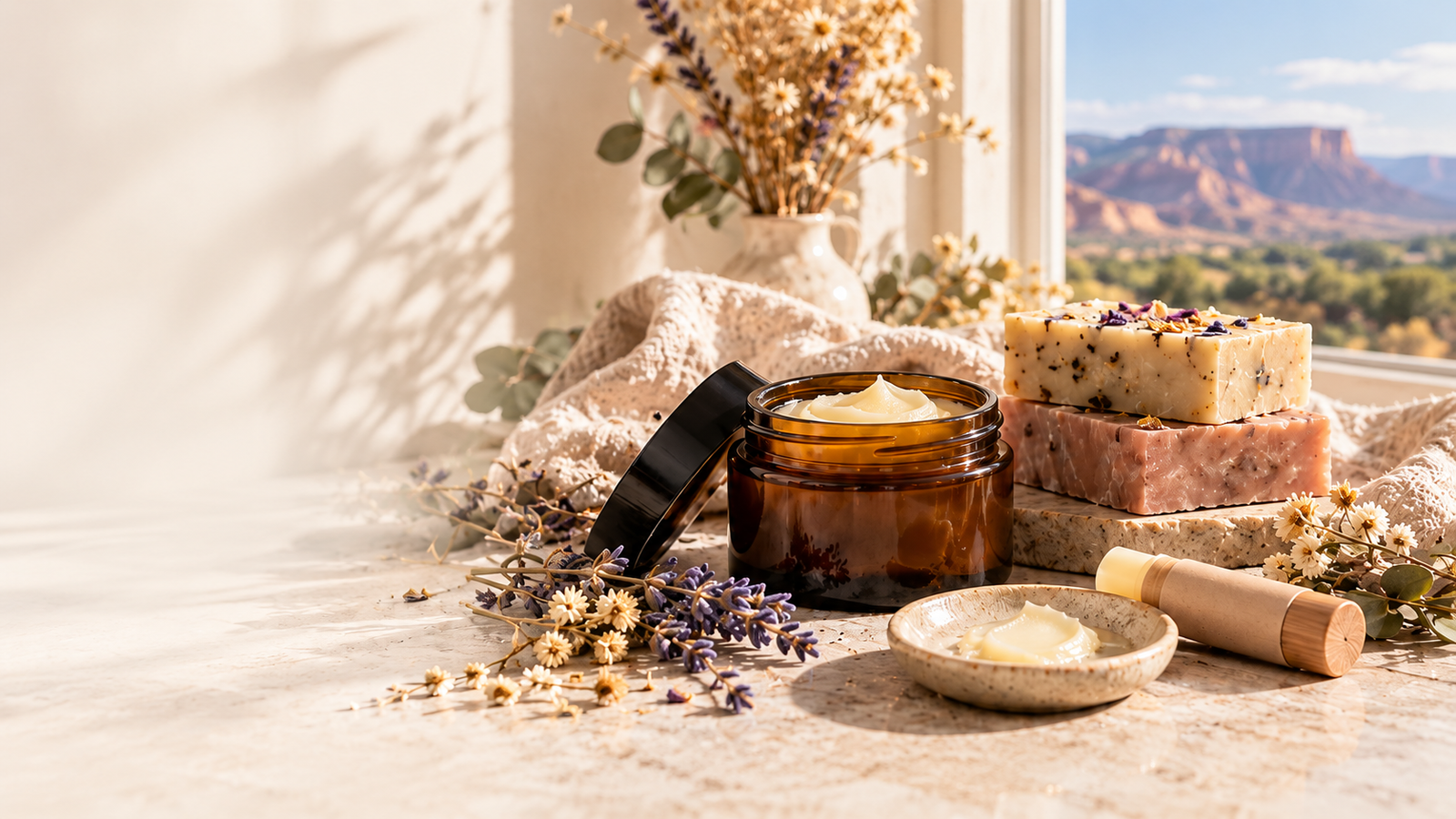 Tallow balm, botanical soaps, and lip balm in warm Colorado sunlight