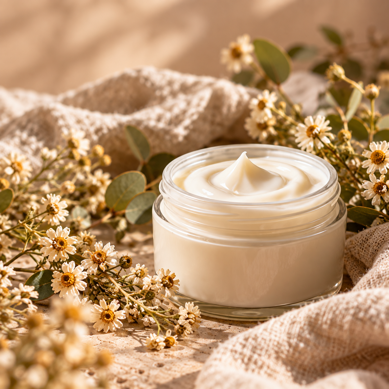 Creamy lotion in a glass jar beside daisies