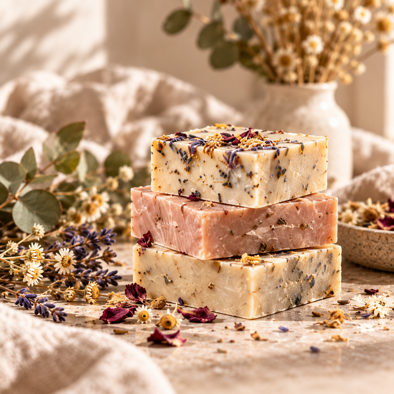 Stacked botanical soap bars