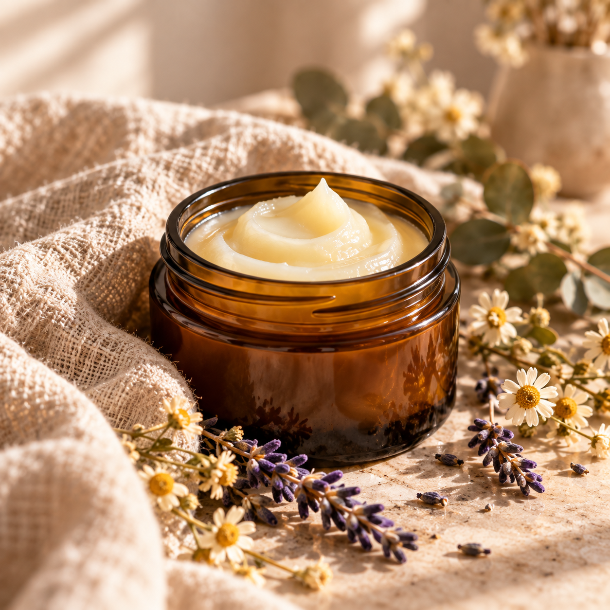Natural tallow balm in an amber glass jar