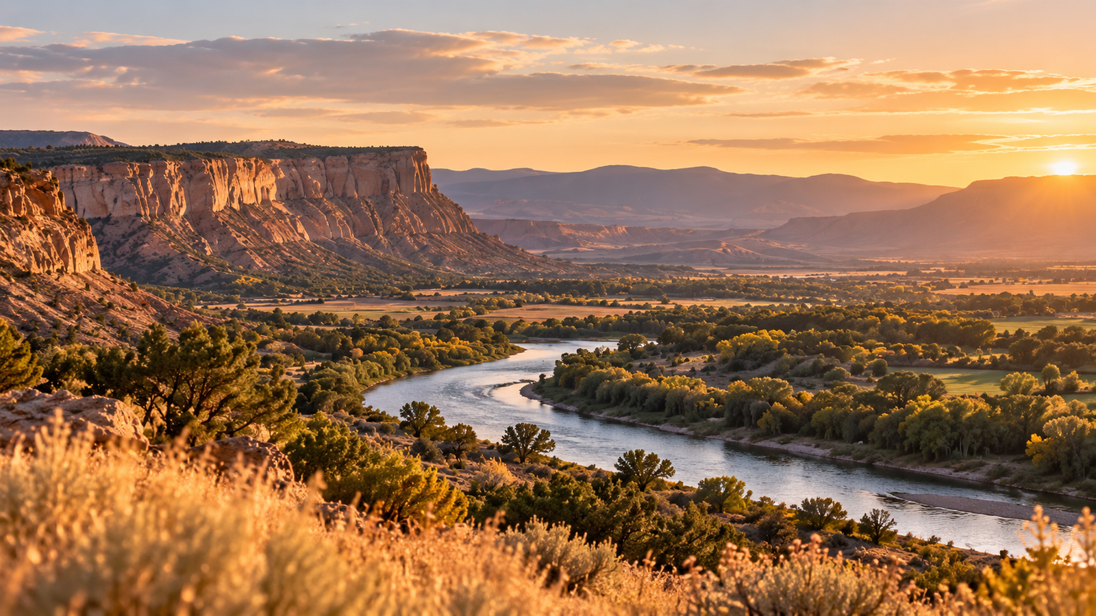 A winding river beneath the sunlit mesas of Grand Junction, Colorado